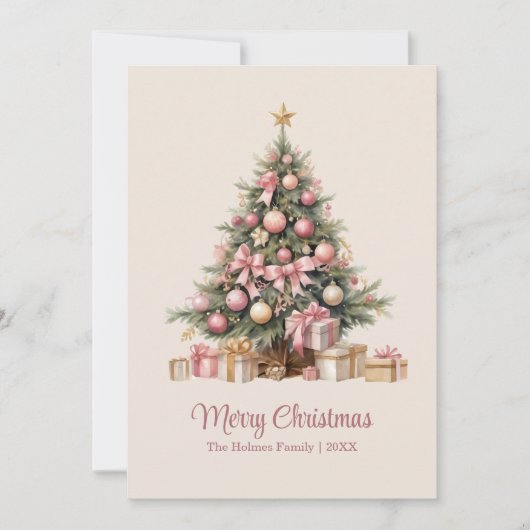 Elegant Christmas Tree with Pink Bows  シーズンカード (正面)