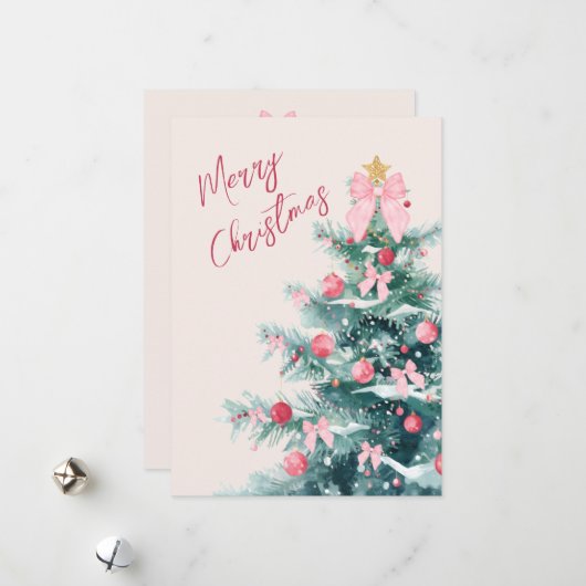 Elegant Christmas Tree with Pink Bows Holiday Card シーズンカード (正面/裏面インサイチュ)