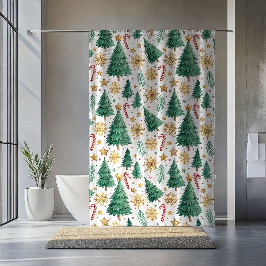 Elegant Christmas Trees Red Green Gold Bathroom シャワーカーテン