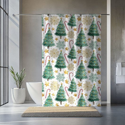 Elegant Christmas Trees Watercolor Shower Curtain シャワーカーテン