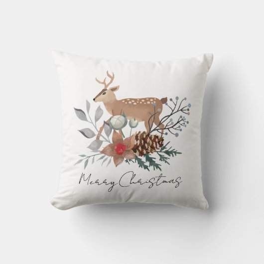 Elegant Christmas Watercolor Deer Holiday クッション (正面)