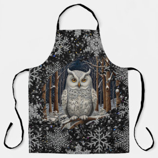 Elegant Christmas white owl woodland winter forest エプロン