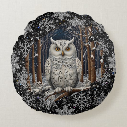 Elegant Christmas white owl woodland winter forest ラウンドクッション (正面)