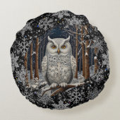 Elegant Christmas white owl woodland winter forest ラウンドクッション (裏面)