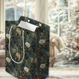 Elegant Christmas Winter Green and Cream Floral ミディアムペーパーバッグ