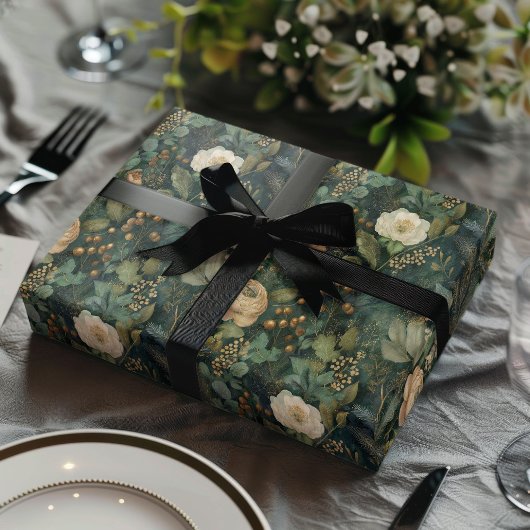 Elegant Christmas Winter Green and Cream Floral ラッピングペーパーシート