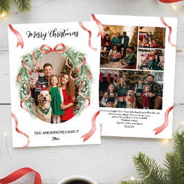 Elegant Christmas Wreath Bow Custom Family Photo シーズンカード