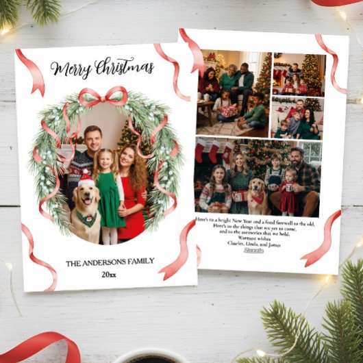 Elegant Christmas Wreath Bow Custom Family Photo シーズンカード