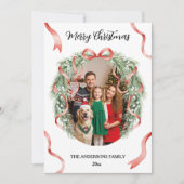 Elegant Christmas Wreath Bow Custom Family Photo シーズンカード (正面)