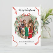 Elegant Christmas Wreath Bow Custom Family Photo シーズンカード (スタンド正面)