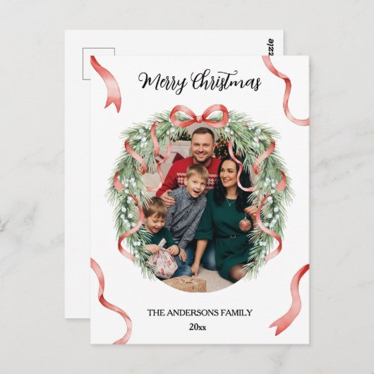 Elegant Christmas Wreath Bow Custom Family Photo ポストカード (正面/裏面)