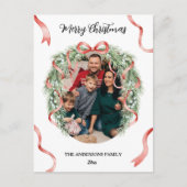 Elegant Christmas Wreath Bow Custom Family Photo ポストカード (正面)
