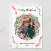 Elegant Christmas Wreath Bow Family Photo Custom シーズンカード (正面)