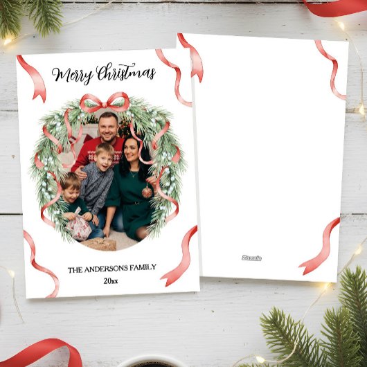 Elegant Christmas Wreath Bow Family Photo Custom シーズンカード