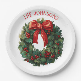 Elegant Christmas Wreath Custom Name Paper Plates ペーパープレート