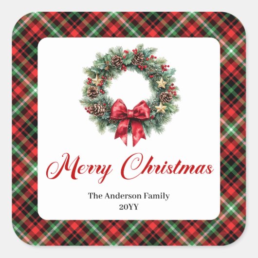 Elegant Christmas Wreath Personalized Holiday スクエアシール (正面)