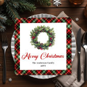 Elegant Christmas Wreath Red Green Plaid Napkins