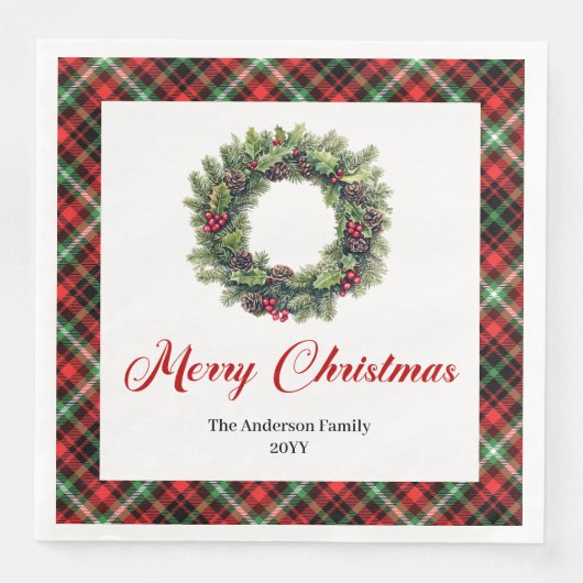 Elegant Christmas Wreath Red Green Plaid Napkins (正面)