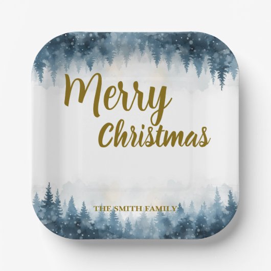 Elegant Christmas Xmas winter pine tree forest  ペーパープレート (正面)