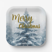 Elegant Christmas Xmas winter pine tree forest  ペーパープレート (正面)