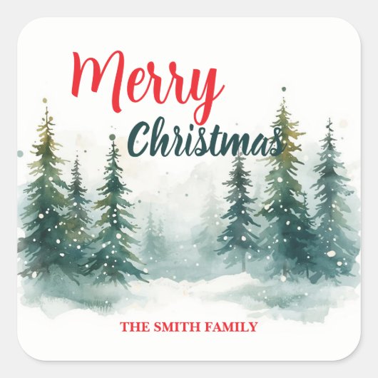 Elegant Christmas Xmas winter pine tree forest Hol スクエアシール (正面)