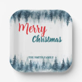 Elegant Christmas Xmas winter pine tree forest Hol ペーパープレート (正面)