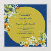 Elegant Citrus Blue Gold Floral Wedding 招待状 (正面)