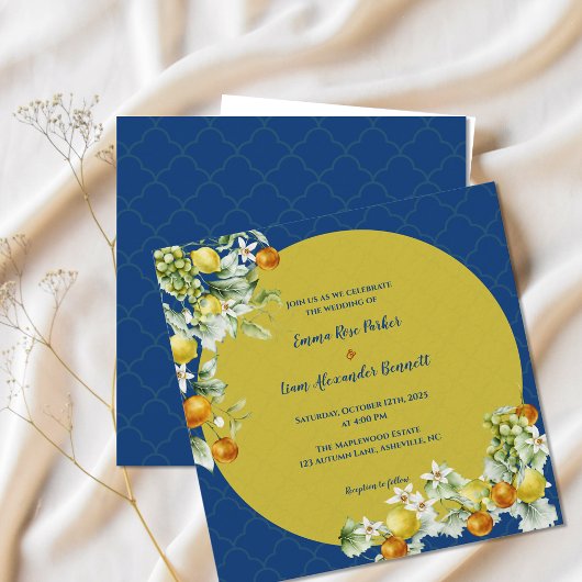 Elegant Citrus Blue Gold Floral Wedding 招待状