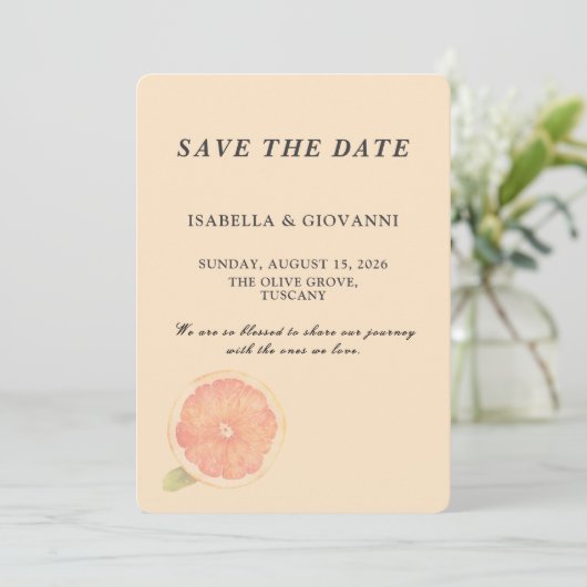 Elegant Citrus Grapefruit Wedding Save the Date 招待状 (スタンド正面)