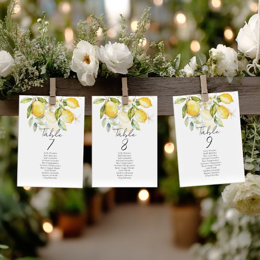 Elegant citrus table number seating chart cards