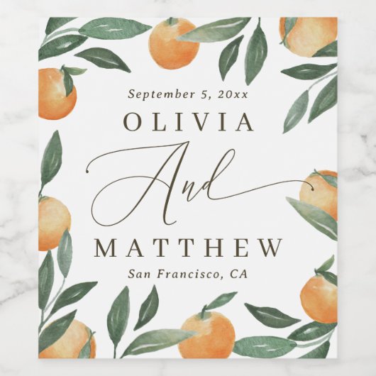 Elegant Citrus Tuscan Wedding | Watercolor Orange ワインラベル (シングルラベル)