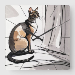 Elegant City Cat Looking Out The Window Minimalism スクエア壁時計