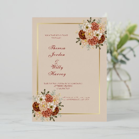 Elegant Classic being & brown wedding invitations  箔招待状 (立ち正面)