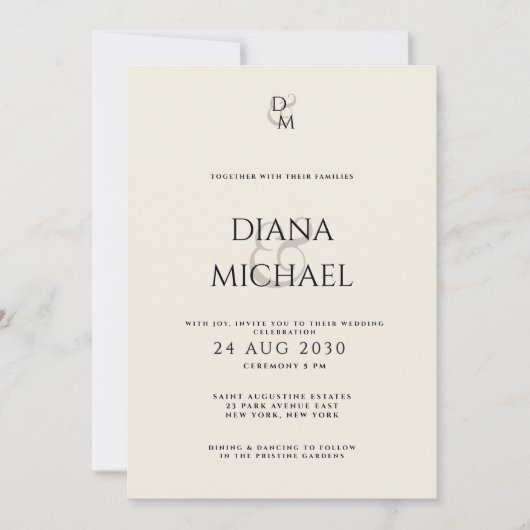 Elegant Classic Black & Ivory Monogram Wedding 招待状 (正面)