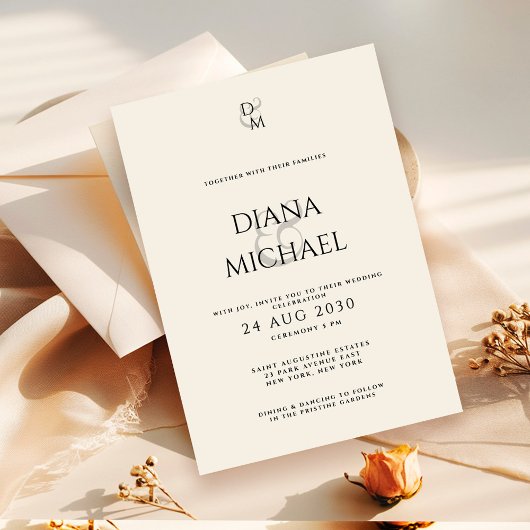 Elegant Classic Black & Ivory Monogram Wedding 招待状