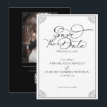 Elegant Classic Black & White Calligraphy Wedding セーブザデート<br><div class="desc">Featuring elegant script calligraphy text and a modern serif font, this sophisticated black and white design is the perfect Save The Date card for your special day. Easily customize the text and colors to your match your event color aesthetic. Add your personal photo and qr code information also. Matching items...</div>