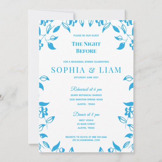 elegant classic blue floral rehearsal Invitation 招待状 (正面)