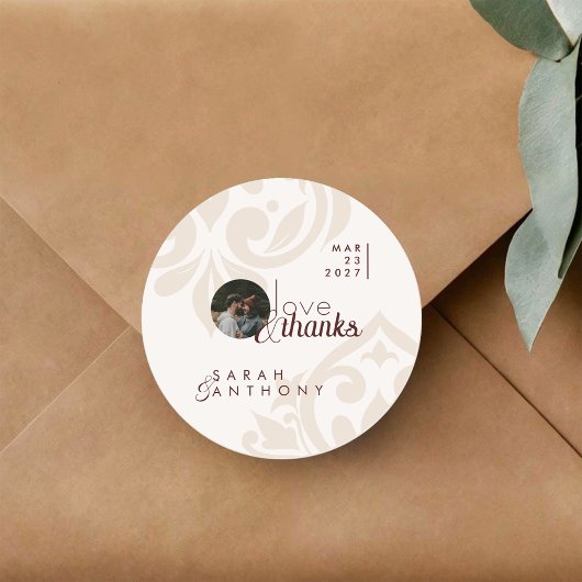 Elegant Classic Chic Burgundy Cream Photo Wedding ラウンドシール