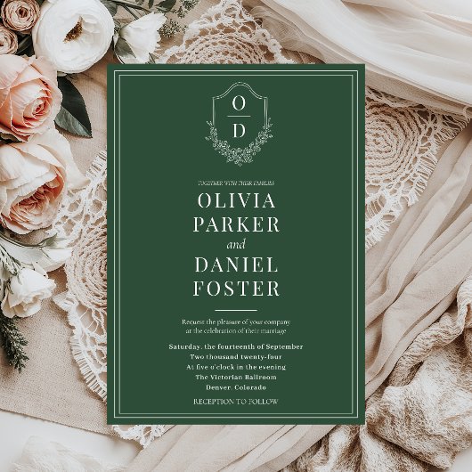 Elegant Classic Crest Emerald Green Wedding 招待状