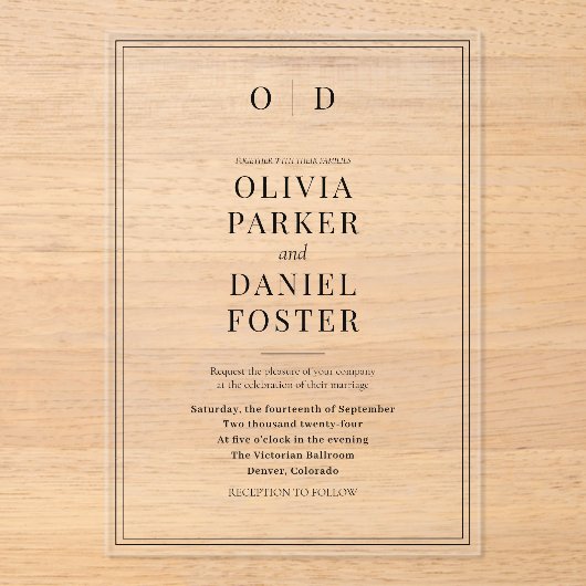 Elegant Classic Minimalist Monogram Wedding アクリル招待状 (正面)