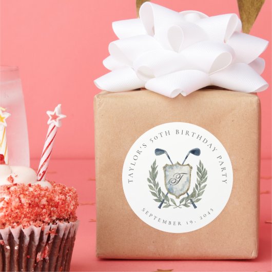 Elegant Classic Monogram Golf Crest Birthday Party ラウンドシール (パーティー)