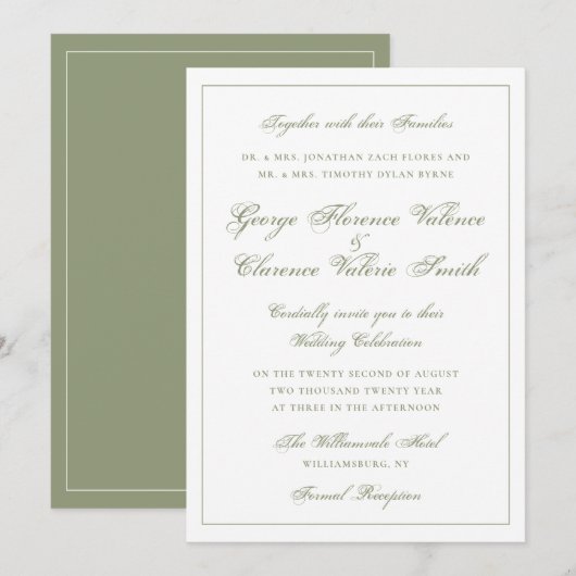 Elegant Classic Moss Green Calligraphy Wedding 招待状 (正面/裏面)