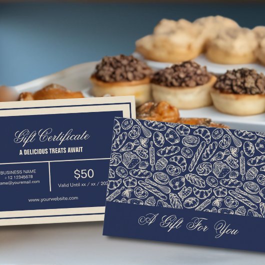 Elegant Classic Navy Blue Bakery Pattern Gift Card 名刺