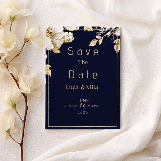 Elegant classic navy blue gold flora Save the Date 招待状