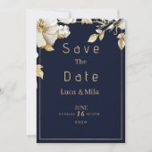 Elegant classic navy blue gold flora Save the Date 招待状 (正面)