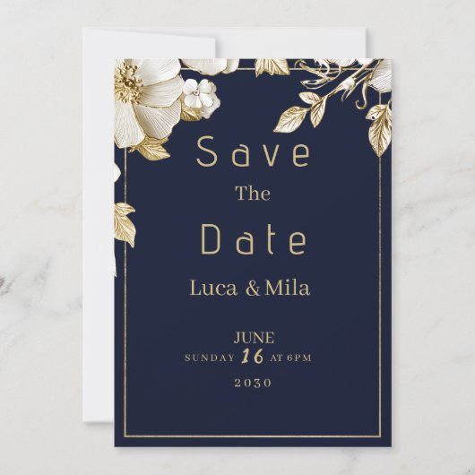 Elegant classic navy blue gold flora Save the Date 招待状 (正面)