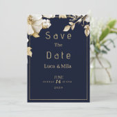 Elegant classic navy blue gold flora Save the Date 招待状 (スタンド正面)