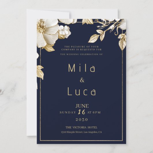 Elegant classic navy blue gold floral Wedding 招待状 (正面)