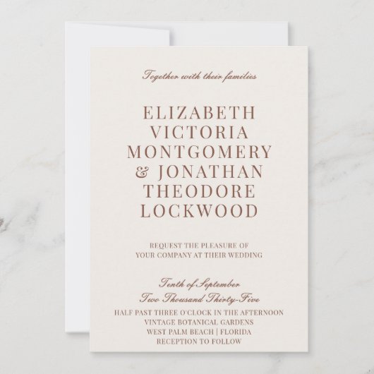 Elegant Classic Old Money Ivory & Brown Wedding 招待状 (正面)