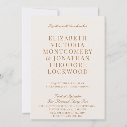 Elegant Classic Old Money Ivory & Copper Wedding 招待状 (正面)